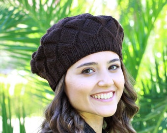 Brown handknit women beanie, Handmade knit adult hat, Women winter beret, Ladies wool accessories, Fall knit beret