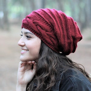 Burgundy knit slouchy beanie, Handmade knit hat, Snowboarder beanies, Handmade Gift