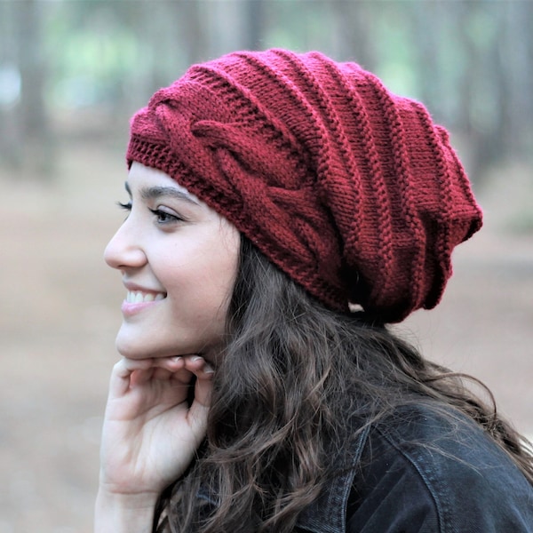 Burgundy knit slouchy beanie, Handmade knit hat, Unique Winter accessories, Handmade Gift