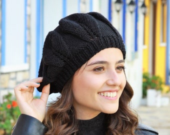 Winter Black knit hat women, Knit slouchy beanie women, Black ladies beret, Beanies and hats, Stylish womens hat