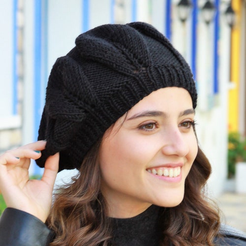 Winter Black Knit Hat Women Knit 
