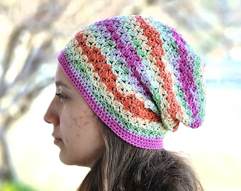 Multicolor Crochet cotton summer hat beanie women, Summer slouchy soft cap, Boho beanie for hairloss, Non itchy ladies soft headwear