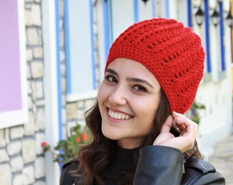 Hand crochet women red beanie, Cozy lightweight winter red ladies hat, Soft yarn cap, Handmade accessories, Gift for teenage