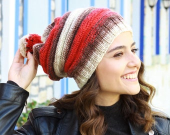 Womens Slouchy Pom Knit Hat for Winter: Handmade, Soft