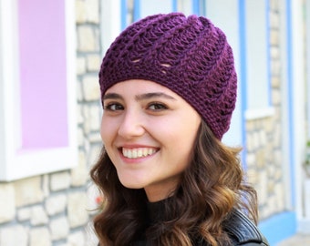 Women purple crochet winter beanie, Ladies purple hat, Cozy lightweight cap