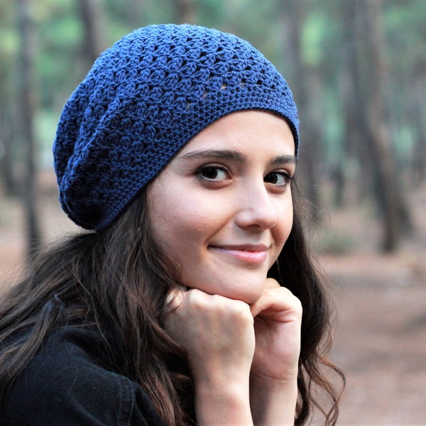 Navy Blue Crochet cotton summer hat beanie women, Spring slouchy soft cap, Boho bamboo beanie slouch, Non itchy ladies Spring clothing