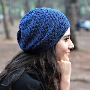 Cotton Summer Hippie Slouchy Hat, Hand-Crochet Lightweight Beanie, Navy Blue Thin Boho Cap