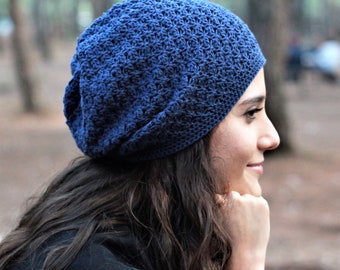 Cotton Summer Hippie Slouchy Hat, Hand-Crochet Lightweight Beanie, Navy Blue Thin Boho Cap