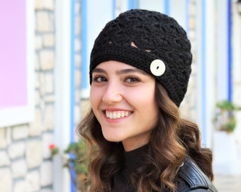 Black crochet beanie with a button for women, Lightweight black winter hat, Trend caps for ladies