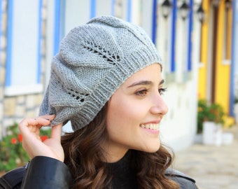 Women winter handknit beret, Grey knit tam French beret style, Gray beanie acrylic&wool