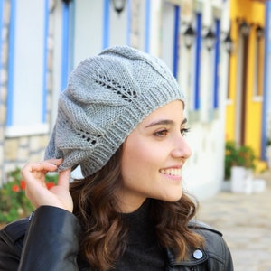 Women winter handknit beret, Grey knit tam French beret style, Gray beanie acrylic&wool
