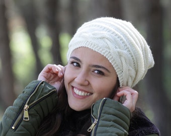 Ladies knit beanie in cream color, Women slouchy hat