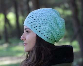 Soft cotton slouch beanie, Light weight summer hats for women, Crochet headwear, Ladies chemo caps for hairloss