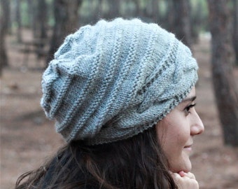 Bonnet en tricot gris slouch, chapeau slouch femme, bonnet ample d'hiver, accessoires d'hiver