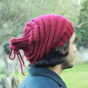 Mens Burgundy knit slouch hat for mens, Winter Beanie slouchy, Loose handmade beanie for men