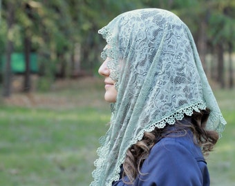 Olive Green Latin Mass veil, Lace Triangle prayer veil for chapel, Modest headcovering christian, Catholic mantilla for church scarf