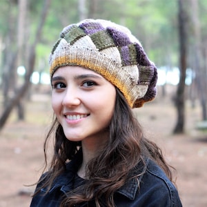 Hand Knit Patchwork Beanie, Multicolor Slouchy Knit Hat, Earth Tone Wool Beanie, Boho Winter Hat