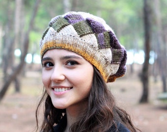 Hand Knit Patchwork Beanie, Multicolor Slouchy Knit Hat, Earth Tone Wool Beanie, Boho Winter Hat