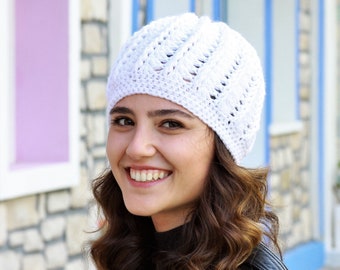 Hand crochet women's winter white hat, Handmade bonnet women, Casual basic soft beanie for yourself