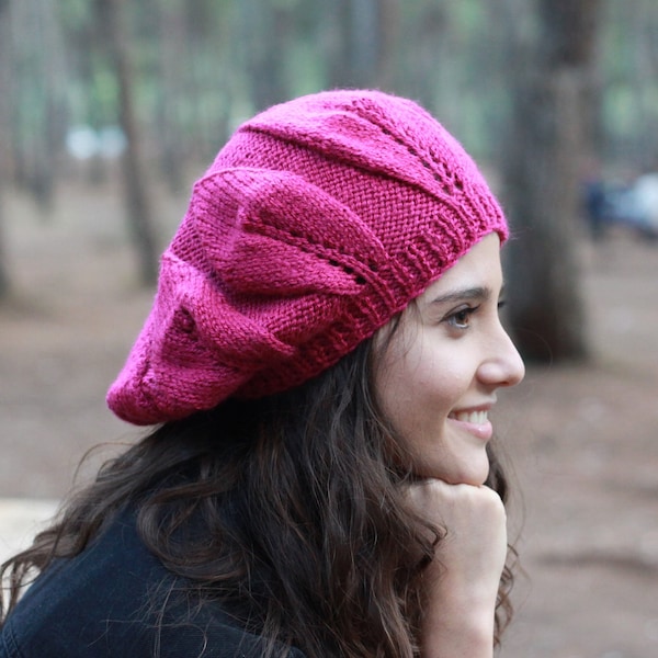 Women knit winter hats in magenta, Slouchy handknit beanie, Cozy handmade acrylic yarn cap, Vivid color slouch cap, Fall Gift for her