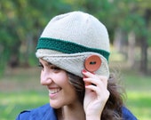 Women Knit Hats inspired by 1920s cloche hats, Winter fashion beanie with a button, Half brimmed winter accessories, Pastel Greens knits