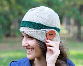 Women Knit Hats inspired by 1920s cloche hats, Winter fashion beanie with a button, Half brimmed fall accessories, Soft color