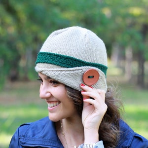 Women Knit Hats inspired by 1920s cloche hats, Winter fashion beanie with a button, Half brimmed fall accessories, Soft color image 1