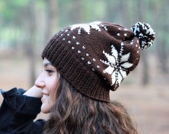 Brown knit hat in snowflake and heart with pompom for women, Winter handknit beanie bobble, Fair isle beanie, Unique winter accessories
