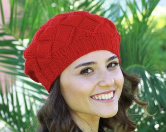 Handknit red beanie in entrelac knitting style, Winter women hat, Wool red knit hat, Handmade gift for girl friend