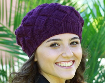 Purple knit women beanie, Handknit hat, Knit accessories, Women handmade hat, Ladies knit beret, Purple knit hat for fall and winter