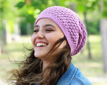 Crochet cotton beanie in lilac color, Soft beanie womens, Fall Crochet hat, Slouch cotton beanie, Chemo headwear, Cotton Chemo cap
