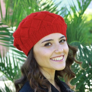 Handknit red beanie in entrelac knitting style, Winter women hat, Wool red knit hat, Handmade gift for girl friend image 1