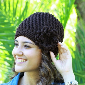 Brown crochet hat, Women beanie with flower on side, Cozy winter cap ladies, Women crochet beanie