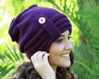 Handmade knit hat for women, Purple handknit beanie, Handmade woman cap, Winter slouch headwear