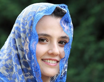 Velo de encaje azul para capilla católica para la misa, mantilla triangular para iglesia para mujeres, velo de oración azul rey