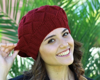 Handmade Burgundy beanie for women, Handknit adult hat, Ladies winter beret, Fall accessories, Women knit hat