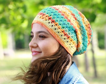 Multicolor Crochet cotton summer hat beanie women, Summer slouchy soft cap, Boho beanie for hairloss, Non itchy ladies soft headwear