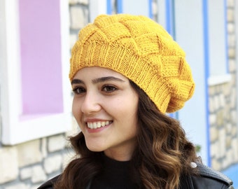 Winter little slouchy beanie women, Mustard handknit slouch hat, Entrelac knit hat, Warm winter beret, Dark yellow handmade beanie