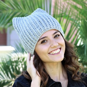 Light Gray Crochet Cat Ear Beanie