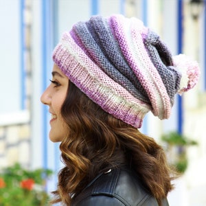 Knit pompom beanie, Multicolor handknit hat for winter, Slouchy beanie women, Handknit pom pom hat, Handmade beanie loose