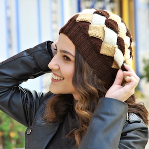 Winter women little slouchy beanie, Homemade beanie, Multicolor knit hat, Entrelac knit beret in Brown Tan Cream, Unique winter accessories