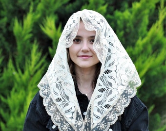 Cream color mass veil for chapel, Catholic head covering, Church lace hijab, Christian head scarf