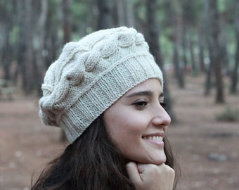 Handmade beige knit hat for ladies, Handknit winter beanie women from wool & acrylic yarns, Casual warm hat, Fashion outwear