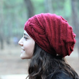 Burgundy knit slouchy beanie, Handmade knit hat, Unique Winter accessories, Handmade Gift image 2