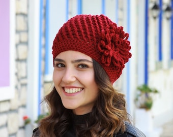 Burgundy crochet hat, Women beanie flower, Cozy winter cap, Handmade Womens hat flower, Beanies and hats, Fashion gift for her