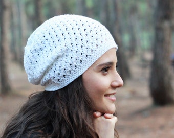 Cotton soft hand crochet beanie for women, Lightweight slouchy hat, Spring headwear for sensitive skins, White cotton beanie, Slouch cap