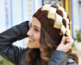 Winter women little slouchy beanie, Homemade beanie, Multicolor knit hat, Entrelac knit beret in Brown Tan Cream, Unique winter accessories