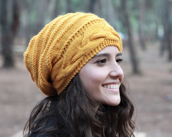 Mustard slouchy beanie women, Winter hand knitted hats women, Yellow beanie wool, Winter accessory, Hats Hand Knit Beanie in Mustard