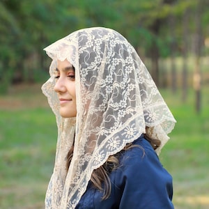 Tan color Latin Mass veil, Lace Triangle church veil, Lace Prayer veil women, Head covering Christian, Lace Catholic veil, Mantilla veil