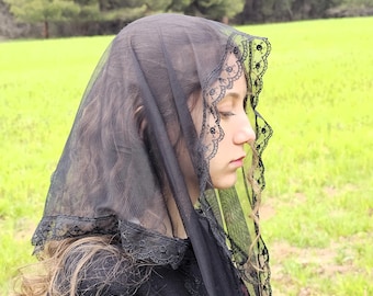 Black Tulle Catholic Veil, Church Mantilla Veil, Triangle Mass Headcovering